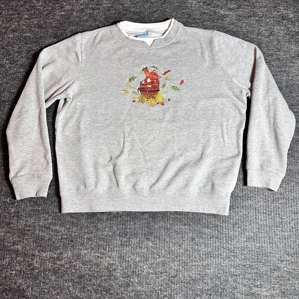 Vintage Comfort Corner Gray Cat Embroidered Sweatshirt Crew-neck Women Large L